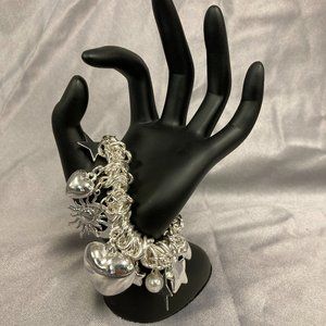 Silver Chunky Charm Bracelet Expandable Sun, Moon Stars, Heart, Pearl